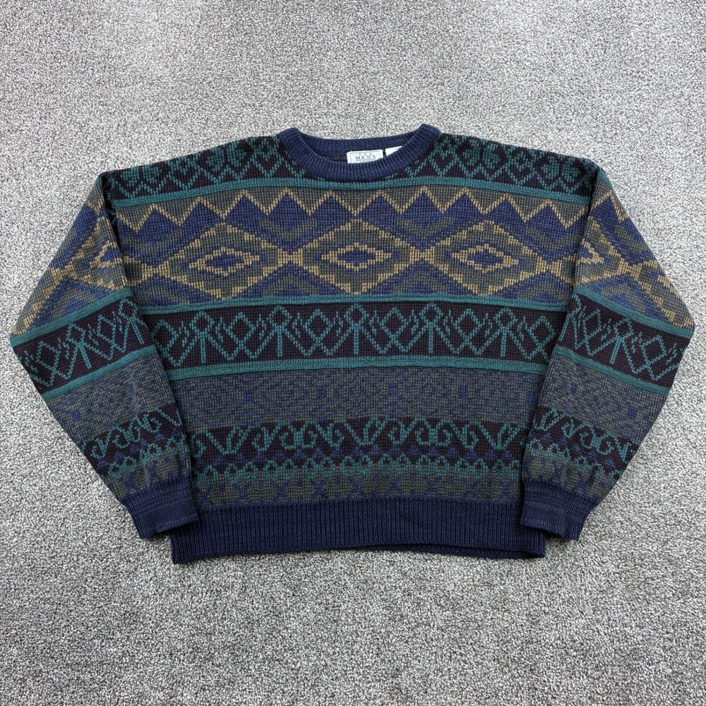 Vintage The Men's Store Sweater Mens XL Blue Acrylic Geometric Fair Isle
